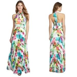 ELIZA J Floral Print Watercolor Plisse Pleated Smocked Halter Maxi Dress Size 14